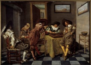 tric tracin osa (tri-trac: vanha Backgammon-peli). Dirk Halsin (1591-1656) maalaus, noin 1615-1625. Öljy puulle. Koko: 0,38 x 0,53 m. Lille, Musee Des Beaux Arts - Tic-trac-pelaajat ("Trictrac: ikivanha Backgammon-peli). Dirk Halsin maalaus (159