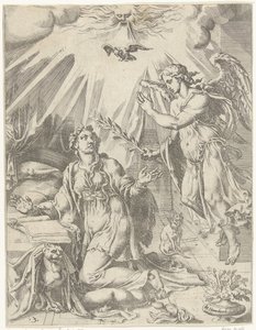 Ilmoitus Ihmiskunnan lankeemus ja lunastus Kristuksen elämän ja kärsimyksen kautta (sarjan nimi) tekijältä Dirck Volckertsz. Coornhert (attributed to)