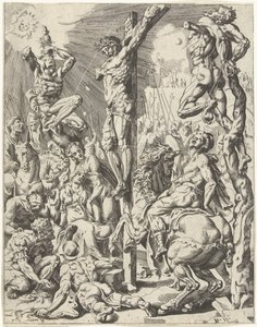 Kristus ristillä Ihmiskunnan lankeemus ja lunastus Kristuksen elämän ja kärsimyksen kautta (sarjan nimi) tekijältä Dirck Volckertsz. Coornhert (attributed to)