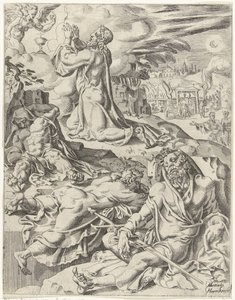 Kristus Getsemanen puutarhassa Ihmiskunnan lankeemus ja lunastus Kristuksen elämän ja kärsimyksen kautta (sarjan nimi) tekijältä Dirck Volckertsz. Coornhert (attributed to)