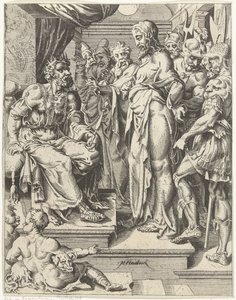 Kristus Herodeksen edessä Ihmiskunnan lankeemus ja lunastus Kristuksen elämän ja kärsimyksen kautta (sarjan nimi) tekijältä Dirck Volckertsz. Coornhert (attributed to)