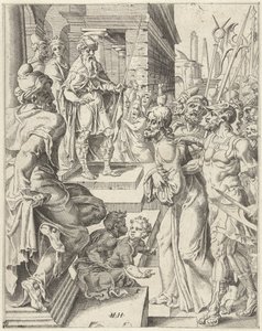 Kristus Pilatuksen edessä Ihmiskunnan lankeemus ja lunastus Kristuksen elämän ja kärsimyksen kautta (sarjan nimi) tekijältä Dirck Volckertsz. Coornhert (attributed to)