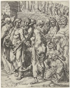 Verenvuodosta kärsineen naisen parantaminen Ihmiskunnan lankeemus ja lunastus Kristuksen elämän ja kärsimyksen kautta (sarjan nimi) tekijältä Dirck Volckertsz. Coornhert (attributed to)
