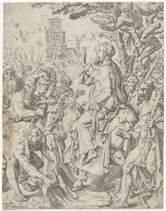 Pääsy Jerusalemiin Ihmiskunnan lankeemus ja lunastus Kristuksen elämän ja kärsimyksen kautta (sarjan nimi) tekijältä Dirck Volckertsz. Coornhert (attributed to)