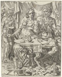 Judith ja Holofernes nauttivat juhlasta Judith ja Holofernes (sarjan nimi) tekijältä Dirck Volckertsz. Coornhert (attributed to)