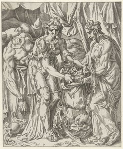 Judit laittaa Holofernesin pään pussiin Judith ja Holofernes (sarjan nimi) tekijältä Dirck Volckertsz. Coornhert (attributed to)