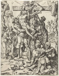 Laskeutuminen ristiltä Ihmiskunnan lankeemus ja lunastus Kristuksen elämän ja kärsimyksen kautta (sarjan nimi) tekijältä Dirck Volckertsz. Coornhert (attributed to)