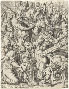 Ristin kantaminen Ihmiskunnan lankeemus ja lunastus Kristuksen elämän ja kärsimyksen kautta (sarjan nimi) tekijältä Dirck Volckertsz. Coornhert (attributed to)