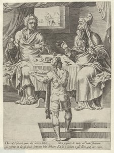 Jumalan miehen ja vanhan profeetan ateria Tarina tottelemattomasta Jumalan miehestä (sarjan nimi) tekijältä Dirck Volckertsz. Coornhert (attributed to)