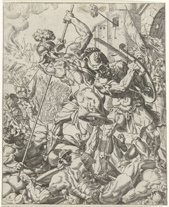Assyrian armeijan lento Judit ja Holofernes (sarjan nimi) tekijältä Dirck Volckertsz. Coornhert (attributed to)
