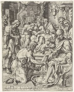 jalkojen pesu Ihmiskunnan lankeemus ja lunastus Kristuksen elämän ja kärsimyksen kautta (sarjan nimi) tekijältä Dirck Volckertsz. Coornhert (attributed to)