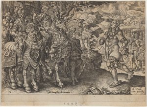 Saksin vaaliruhtinas John Frederickin antautuminen Mühlbergin taistelun jälkeen tekijältä Dirck Volckertz Coornhert, after Maerten van Heemskerck