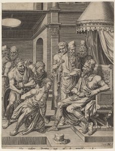 Armoton palvelija, joka tuotiin kuninkaan eteen tekijältä Dirck Volckertz Coornhert, after Maerten van Heemskerck
