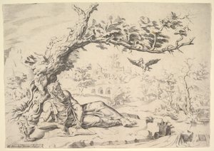 Ravensin ruokkima Elia, 1549. tekijältä Dirck Volkertsen Coornhert