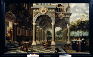 Keilailijat Keilailu shakkilaudalla. Dirk Van Delenin maalaus (1605-1671)