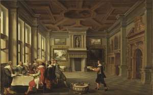 Diner distingue dans un interieur - Distinguished Dinner Company in an Interior, kirjoittanut Delen, Dirck van (n. 1605-1671). Öljy kankaalle