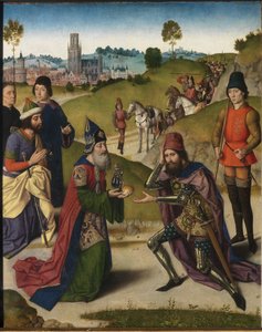 Viimeinen ehtoollinen alttaritaulu: Abrahamin ja Melkisedekin tapaaminen vasen siipi, 1464-1468