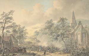 Taistelukohtaus kirkon kanssa oikealla, n. 1790-1800.