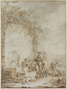 Piirustusalbumin etuosa: Talonpojat suihkulähteellä, 1784. tekijältä Dirk Langendyk