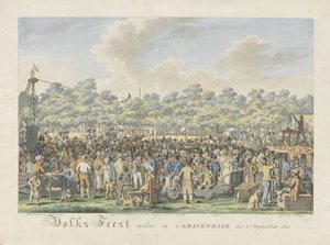 Folkfestivaali Alankomaiden perinnöllisen prinssin Willem Frederik George Lodewijkin ja Venäjän suurherttuattaren Anna Pavlovnan saapumisen kunniaksi Haagissa vietetty suosittu festivaali 6. syyskuuta 1816 (otsikko esineessä) tekijältä Dirk Sluyter