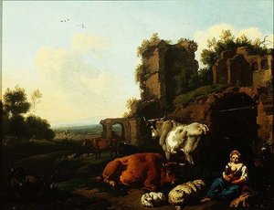 Maisema, jossa on paimentolaisnainen, noin 1670 (öljy paneelille). tekijältä Dirk van Berghen