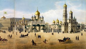 Marian ilmestys- ja arkkienkelin katedraalit Moskovan panoraamakuvasta, kaiverrettu Philippe Benoist 1813-1905 ja Aubrun, julkaissut Lemercier litografia 105099:stä tekijältä Dmitri Indieitzeff