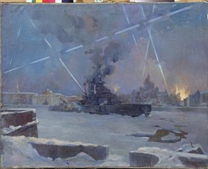 Raskas tykistö Neva-joella Leningradissa (Pietari, Venäjä) vuonna 1942. (Kiirassi jäällä joella puolustaa palavaa kaupunkia ilmahyökkäyksiä vastaan ​​Leningradin piirityksen aikana). Episodi toisesta maailmansodasta (1939-1945). Taidemaalari tekijältä Dmitri Nikiforovich Martynov
