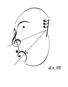 Diminuendo face - laulavat kasvot, jotka on piirretty käyttäen diminuendon musiikkisymbolia ja erilaisia muita nuottiesimerkkejä. tekijältä Dmitri Smirnov