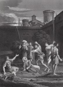 Pyhän Stefanuksen kivittäminen, Apostolien teot, VII luku, jakeet 54, 60 (kaiverrus). tekijältä Domenichino (1581 1641) (after)
