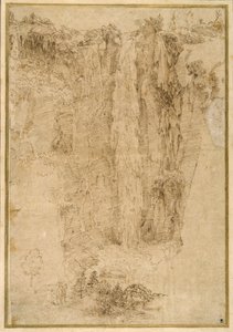 Maisema kaskadilla; jalassa, kaksi miestä, yksi kiinnitettynä (kynä ja ruskea muste paperille) tekijältä Domenichino