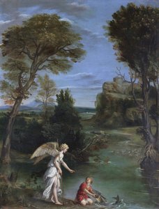 Maisema, jossa Tobias pitää kiinni kalasta tekijältä Domenichino