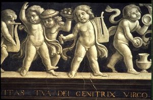 Kerubien friisi, Neitsyen syntymästä (fresko) (60456:n yksityiskohta) tekijältä Domenico Ghirlandaio