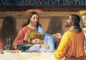 Italia, Firenze, San Marcon, Jeesuksen ja Pyhän Johanneksen luostarin ruokasali, yksityiskohta viimeisestä ehtoollisesta tekijältä Domenico Ghirlandaio