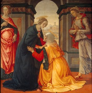 Vierailu: Neitsyt Maria vierailee Elisabethin luona, Marie Jacobien ja Marie Salomen, ristiinnaulitsemisen ja ylösnousemuksen todistajien välillä, Domenico Ghirlandaion (1449-1494) maalaus 1491 tekijältä Domenico Ghirlandaio
