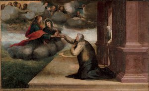 Pyhän Katariinan stigmien alttaritaulu. Yksityiskohta Predelle: Pyhän Katariinan Sienan mystiset häät. Domenico Beccafumin (1486-1551) maalaus tekijältä Domenico Beccafumi