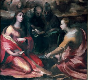 Kristus kruunaa Neitsyt Marian ja neljä pyhää, yksityiskohdat: Pyhä Maria Magdaleena, Pyhä Antonius Padovalainen (san antonio di padova), paavi Pyhä Gregoire I eli Suuri ja Pyhä Katariina Aleksandrialainen. Domenico Beccafumin (1486-1551) maalaus tekijältä Domenico Beccafumi