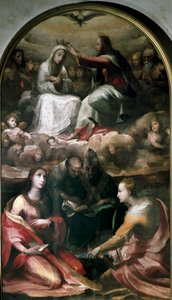 Kristus kruunaa Neitsyt Marian ja neljä pyhää (Pyhä Maria Magdaleena, Pyhä Antonius Padovalainen (San antonio di padova), paavi Pyhä Gregoire I eli Suuri ja Pyhä Katariina Aleksandrialainen). Domenico Beccafumin (1486-1551) maalaus tekijältä Domenico Beccafumi