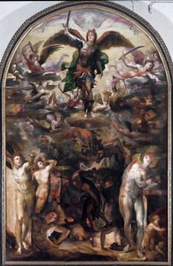 Pyhä Mikael jahtaa kapinallisten enkeleitä (Kinallisten enkelien lankeemus). Domenico Beccafumin (1486-1551) maalaus
