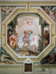Spurius Cassius Vecellinuksen tai Viscellinuksen katkaisu, jonka hänen isänsä teloitettiin harkitessaan tulla kuninkaaksi vuonna 485 eaa. Fresko Domenico di Giacomo di Pace dit Beccafumi (1486-1551) 1529-1535 Siena (Siena), Palazzo Pubblico tekijältä Domenico Beccafumi