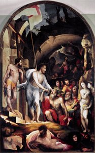 Kristuksen laskeutuminen epävarmuuteen. Hänellä on valkoinen lippu, johon on lyöty punainen risti, ylösnousemuksen symboli. Domenico Beccafumin (1486-1551) maalaus