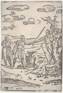 Väärentäjä seisoo alasimen vieressä ja vetää miestä kahleissa, sarjasta The var..., n. 1540-1550. tekijältä Domenico di Pace Beccafumi  