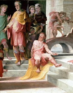 Seleukos de Locresin (Seleucus de Locride) uhri Seleukos sokeuttaa poikansa rangaistakseen häntä raiskauksesta, johon hän oli syyllistynyt, ja kuolee mieluummin toisen silmistään. Domenico di Giacomo di Pace dit Beccafumin (1486-1551) fresko. Yksityiskohta tekijältä Domenico Beccafumi