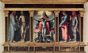 Kolminaisuuden triptyykki: Pyhä Cosimo (Tule tai Cosimo), Pyhä Johannes Kastaja, Kolminaisuus, Pyhä Johannes evankelista ja Pyhä Damien. Lisäys "INRI"" ristiin. Domenico Beccafumin (1486-1551) maalaus tekijältä Domenico Beccafumi