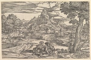Maisema, jossa nainen istuu hurdy-gurdya leikkivän miehen vieressä, n. 1540. tekijältä Domenico Campagnola