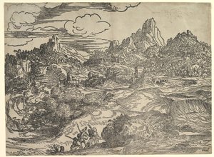 Maisema, jossa perhe kävelee yhdessä etualalla, vasemmalla kaksi hahmoa ..., n. 1535-40. tekijältä Domenico Campagnola
