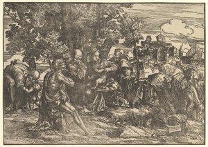 Maria istui puiden alla vauvan kanssa, jota reunustavat Joosef vasemmalla ja Pyhä Hieronymus oikealla, St..., 1517. tekijältä Domenico Campagnola