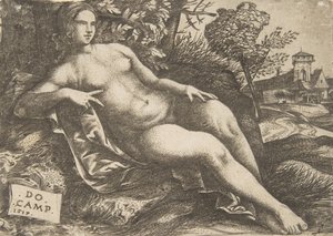 Alaston nainen Venus makuuasennossa maisemassa, 1517.