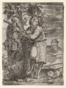 Paimen ja vanha soturi, 1517. tekijältä Domenico Campagnola