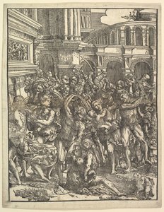 Syyttömien verilöyly oikealla puolella, jossa joukko mieshahmoja hyökkää naisia ja ..., 1517. tekijältä Domenico Campagnola
