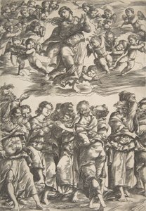 Neitsyt ylhäällä keskellä pilvissä, kädet ristissä ja oikea jalka koholla, ympäröimänä..., 1517. tekijältä Domenico Campagnola